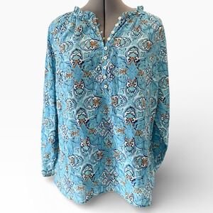 Talbots Cotton Light Weight Blue Medallion Print Ruffle Neck Tunic Top Women LP